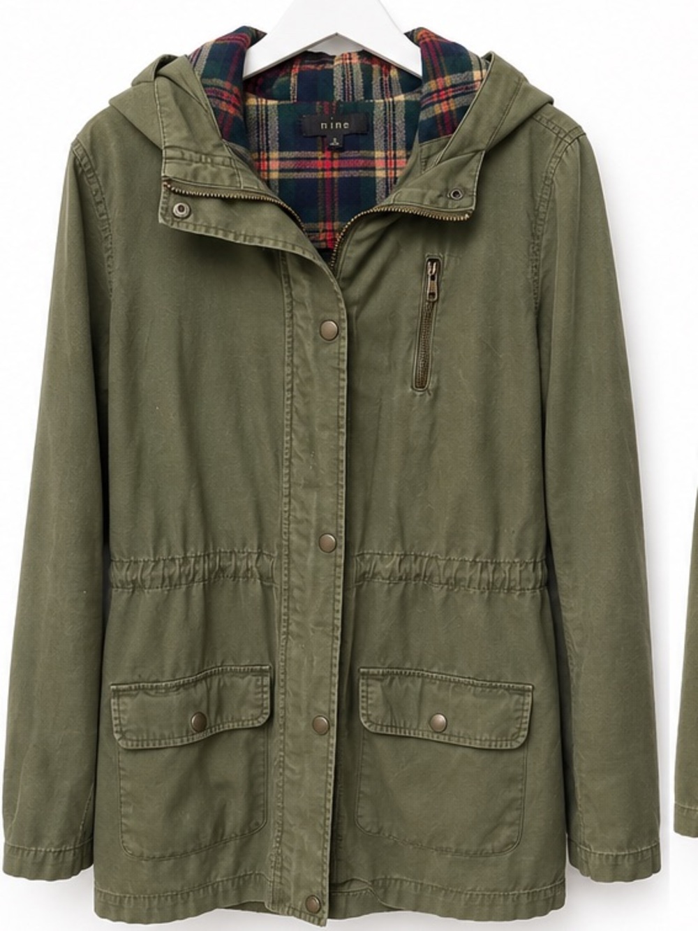 Mine Olive Green Utility Anorak Jacket Plaid Lined Hood Women’s S
